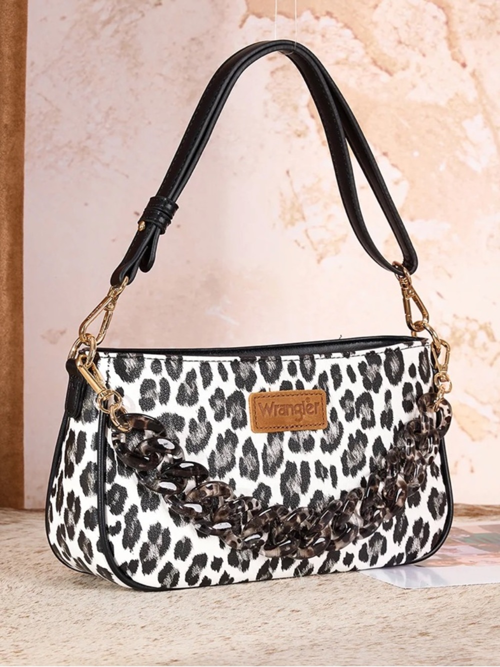Wrangler Black & White Leopard Shoulder Bag with Chain Accent